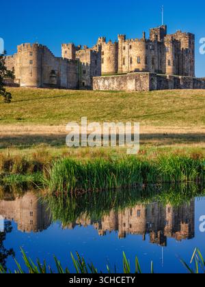 Une vue à l'aube par une journée ensoleillée en été du château d'Alnwick reflétée dans la rivière ALN vue depuis les pâturages Banque D'Images