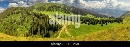 Superbe vue panoramique sur les montagnes verdoyantes de Tien Shan au Kazakhstan, avec des prairies luxuriantes, des forêts denses et des sentiers sinueux Banque D'Images