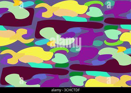 Un motif coloré et abstrait sans couture présentant des formes semblables à des amibes qui se chevauchent dans les violets riches, les Bordeaux, les sarcelles, les jaunes et les verts. Parfait pour ho Illustration de Vecteur