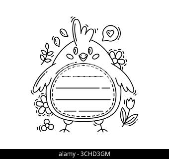 Cadre de note de mémo pour enfants avec poulet mignon drôle pour étiquette d'autocollant, feuille de papier vecteur. Modèle de note de mémo pour enfants de la page de cahier ou de bloc-notes avec des lignes en forme de poussin pour planificateur ou note de message Illustration de Vecteur