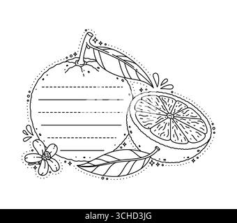 Note de mémo pour enfants ou étiquette autocollante avec cadre de fruits tropicaux, feuille de papier de carnet vectoriel. Modèle de note de mémo pour enfants avec des lignes de page de bloc-notes en forme de fruit orange pour faire planificateur ou note de message Illustration de Vecteur