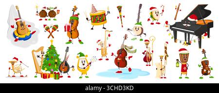 Personnages d'instrument de musique de dessin animé sur Noël et les vacances d'hiver. Ensemble vectoriel de piano drôle, guitare, batterie et violon, harpe, violoncelle et banjo portent des chapeaux de Père Noël, des foulards et des activités festives de mitaines Illustration de Vecteur