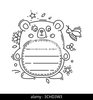 Cadre de note de mémo pour enfants avec ours drôle, animal mignon pour autocollant de feuille de papier, étiquette de carnet vectoriel. Note de mémo pour enfants ou modèle de page de bloc-notes avec des lignes en forme d'ours pour la note de message ou pour faire planificateur Illustration de Vecteur