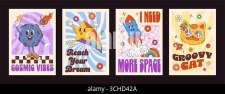 Affiches de personnages groovy de dessin animé. Cartes cosmiques et psychédéliques rétro vectorielles fantaisistes représentant des personnages hippie y2k joyeux lune, fusée, étoile et chat, associés à des textes audacieux inspirés des années 70 Illustration de Vecteur