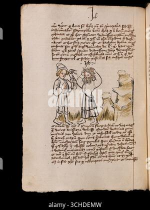 Job apprend la mauvaise nouvelle de la perte de ses animaux et de sa famille, à partir d'un manuscrit avec commentaires sur Josué, juges, Ruth, Esdras et Job, écrit en 1396 par le prêtre de Fribourg Rüdiger Schopf, décoré de dessins à la plume et à l'encre de couleur, créé pour le monastère chartreux de Fribourg entre 1392 et 1415. Banque D'Images