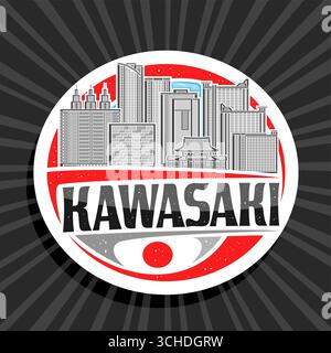 Logo vectoriel pour Kawasaki, signe de papier coupé blanc avec illustration de contour du célèbre paysage de ville de kawasaki sur fond de ciel de jour, réfrigérateur de design d'art Illustration de Vecteur