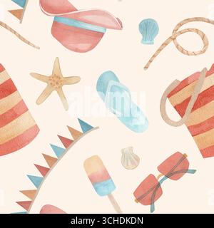 Motif d'été sans couture avec accessoires de plage, vêtements de plage et étoiles de mer. Aquarelle dessinée à la main fond de couleur jaune. Idéal pour, vacances Banque D'Images