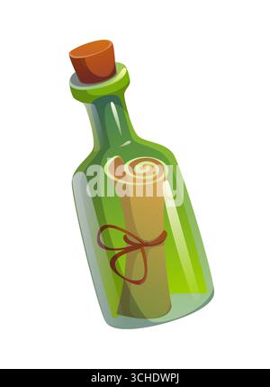 Bouteille de dessin animé avec carte au trésor de pirate. Flacon en verre transparent vecteur isolé, scellé hermétiquement avec un liège, enferme un parchemin roulé avec message. Actif de jeu d'aventure en mer, bouteille en verre mystérieuse Illustration de Vecteur