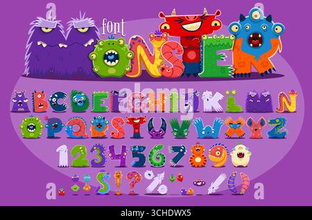 Police de caractères monstre drôle, police extraterrestre fantastique, type mignon et fou, lettres de l'alphabet anglais d'Halloween et typographie vectorielle de chiffres. Dessins animés aliens mignons, yéti, troll et slime monstres font Illustration de Vecteur