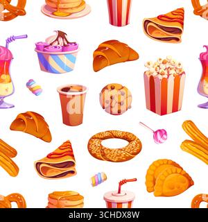 Dessin animé modèle sans couture de restauration rapide avec des collations et des desserts, fond vectoriel. Dessin animé de fast food de croissant et seau de pop-corn, milkshake et crêpes avec des crêpes et boisson gazeuse ou bretzel Illustration de Vecteur