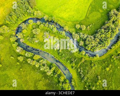 Une rivière sinueuse traverse une vallée verdoyante dans les Alpes, mettant en valeur la beauté sereine du paysage. Banque D'Images