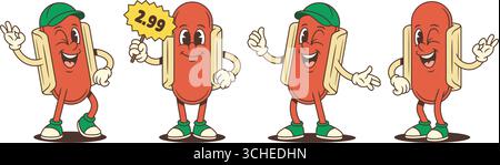 Mascottes de hot-dog ludiques avec des visages expressifs et des gestes dynamiques des mains comme pouce levé, OK et signes de paix. Parfait pour la marque alimentaire, les promotions et l'adv Illustration de Vecteur