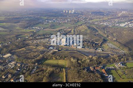 Vue aérienne, CreativRevier Hamm, tour en tête de marteau de l'ancienne mine Ost Heinrich Robert, derrière la centrale électrique RWE Generation se Gersteinwerk Banque D'Images