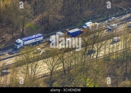 Vue aérienne, chantier de construction avec modification de la circulation sur l'autoroute A42 près de Bottrop sortie Sud, Ebel, Bottrop, région de la Ruhr, Rhénanie-du-Nord-Wes Banque D'Images