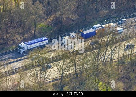 Vue aérienne, chantier de construction avec modification de la circulation sur l'autoroute A42 près de Bottrop sortie Sud, Ebel, Bottrop, région de la Ruhr, Rhénanie-du-Nord-Wes Banque D'Images