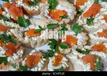 Ensemble de délicieuses tartelettes au caviar rouge, gros plan. Beaucoup de tartelettes au beurre et au caviar rouge sur une assiette Banque D'Images