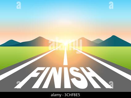 Terminer. Finition écrite sur la route asphaltée à Beautiful Sunrise and Mountain. En route vers la fin. Illustration vectorielle. Illustration de Vecteur