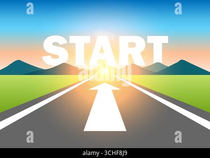 Démarrer. Commencez écrit sur la route asphaltée à Beautiful Sunrise and Mountain. Route pour commencer. Illustration vectorielle. Illustration de Vecteur