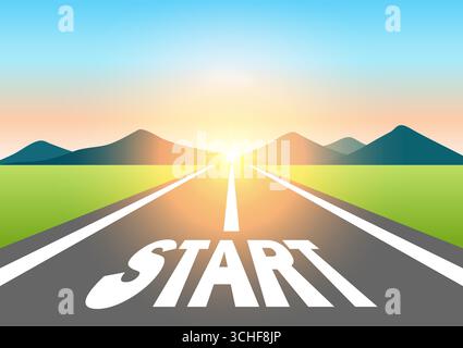 Démarrer. Commencez écrit sur la route asphaltée à Beautiful Sunrise and Mountain. Route pour commencer. Illustration vectorielle. Illustration de Vecteur