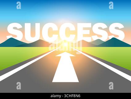 Réussite. Succès écrit sur la route asphaltée à Beautiful Sunrise and Mountain. Route vers le succès. Illustration vectorielle. Illustration de Vecteur