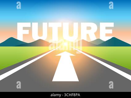 Futur. Futur écrit sur la route asphaltée à la belle Sunrise et montagne. En route vers l'avenir. Illustration vectorielle. Illustration de Vecteur