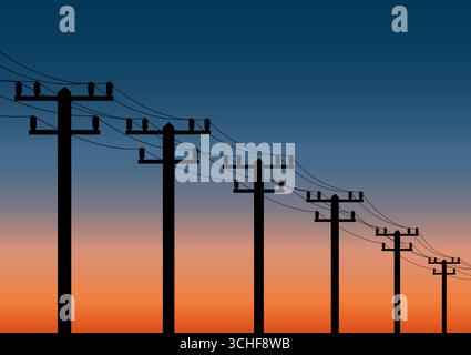 Poteau électrique contre Sunset. Pylônes électriques. Transmission de puissance électrique. Mât haute tension. Illustration vectorielle. Illustration de Vecteur
