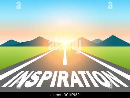 Inspiration. Inspiration écrite sur la route asphaltée à Beautiful Sunrise and Mountain. Route vers l'inspiration. Illustration vectorielle. Illustration de Vecteur