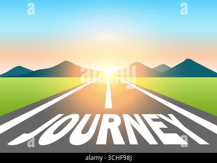 Voyage. Voyage écrit sur la route asphaltée à la belle Sunrise et montagne. Route vers le voyage. Illustration vectorielle. Illustration de Vecteur