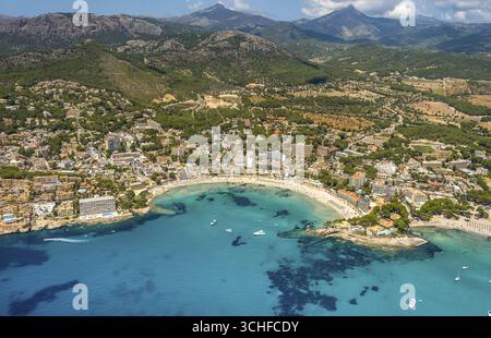 Vue aérienne, Baie de Peguera, plage Playa Peguera, plage Platja Gran de Tora, chaîne de montagnes, Camp de Mar (ES), Europe, Baléares, Espagne Banque D'Images
