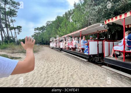 Ile Oléron, France. 30 août 2025. Sur la côte atlantique française, l'île d'Oléron en Charentes Maritimes, région Nouvelle Aquitaine. Le petit train de Saint-Trojan est l'une des attractions touristiques de l'île. Il transporte 75 000 touristes par an autour d'une partie de l'île, mais son itinéraire est menacé par l'érosion côtière à la pointe sud de l'île d'Oléron en direction de la plage de Gatseau. 30 août 2025, ouest de la France. Photo de Nicolas Roses/ABACAPRESS.COM crédit : Abaca Press/Alamy Live News Banque D'Images