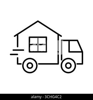 Minuscule maison sur roues et icône de ligne de camion mobile à la maison. Maisons mobiles, mode de vie de voyage, liberté sur la route. Services de déménagement, logistique, transport. Illustration de Vecteur