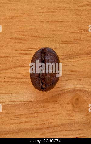 Prise de vue macro descendante d'un grain de café torréfié foncé centré sur une texture de grain de bois brun clair naturel. Idéal pour les concepts de simplicité, mor Banque D'Images