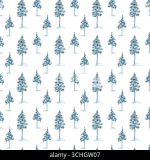 Arbres de Noël d'hiver fond sans couture isolé sur blanc. Dessin aquarelle bleu Pines. Arbres à feuilles persistantes dans la neige dessinés à la main. PIN, épicéa dedans Banque D'Images