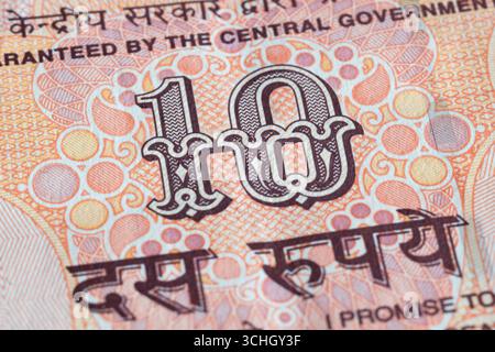 Dénomination de 10 roupies indiennes gros plan, détail du bill of Indian Rupiah Banque D'Images
