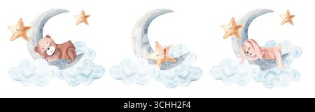 Ensemble de compositions de nuit pour bébé mignon à l'aquarelle. Lapin, ours en peluche ou étoile dorment sur la lune avec des nuages. Illustration dessinée à la main dans un style vintage pour un Banque D'Images