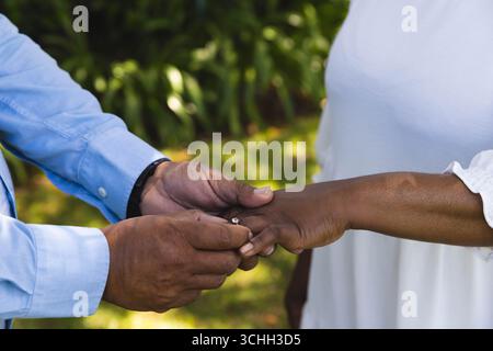 Au mariage, couple senior échangeant des anneaux à l'extérieur, célébrant l'amour et l'engagement ensemble Banque D'Images