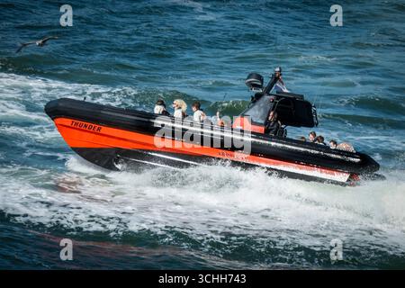 L'équipe néerlandaise Shorttrack arrive en bateau RIB lors de la présentation à la presse de l'équipe néerlandaise Shorttrack à Fort IJmuiden le 1er septembre 2025 à IJmuiden, pays-Bas. (Crédit : Broer van den Boom/MTB-photo/Alamy Live News) Banque D'Images