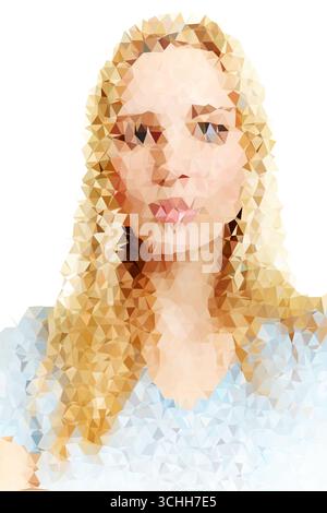 Œuvre d'art créée numériquement avec une illustration polygonale d'une femme blonde avec une expression neutre. Le design géométrique reflète un art moderne Banque D'Images