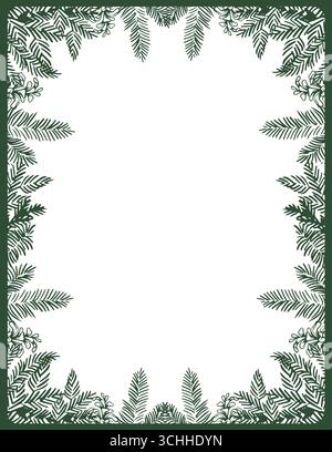 Modèle de carte de Noël rectangulaire avec un cadre en forme de sapin, branches de pin et cônes. Design prêt à l'emploi pour une carte d'hiver, affiche, bannière, invitation. Illustration rétro vectorielle de vacances en couleur verte Illustration de Vecteur
