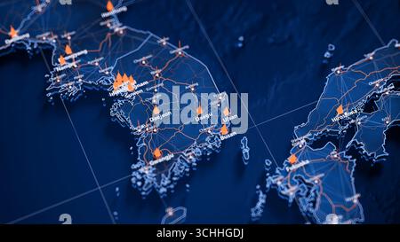 Visualisation de Big Data cartographique Daegu. Infographie de carte futuriste de la ville en Corée du Sud. Complexité visuelle des données cartographiques dans les couleurs modernes bleu et orange Banque D'Images