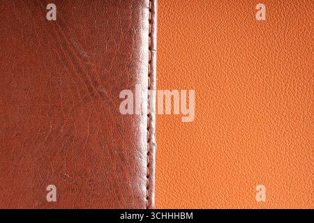 Cuir naturel marron avec couture sur la surface de couleur, vue de dessus Banque D'Images