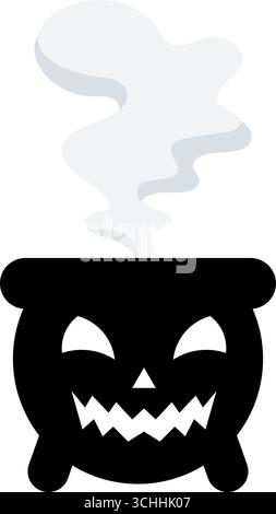 Chaudron d'Halloween effrayant avec le visage maléfique et la fumée montante. Un chaudron noir effrayant conçu avec un visage sinistre Jack O Lantern, des dents et des yeux pointus. Illustration de Vecteur