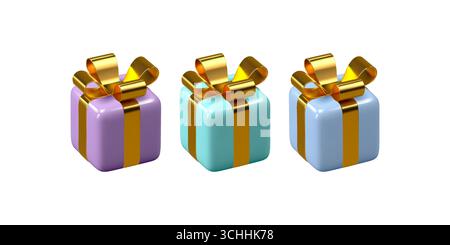 Ensemble de boîtes cadeaux 3d enveloppées de ruban doré Illustration de Vecteur