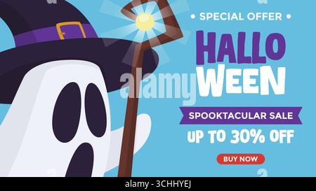 Modèle de fond de vente thématique modifiable d'Halloween avec un fantôme portant un chapeau de sorcière et tenant une baguette magique sur fond bleu Illustration de Vecteur