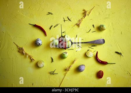 Légumes frais et œufs de caille sur un fond jaune vif. Choux de Bruxelles, piments et tomates disposés de manière créative pour une alimentation saine et Banque D'Images