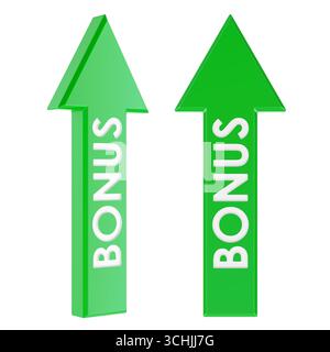 Flèches bonus vertes pointant vers le haut. Vues de face et de côté. Rendu 3D isolé sur fond blanc Banque D'Images