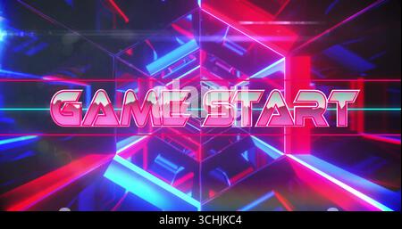Affichage stylisé d'UN texte de DÉBUT DE JEU au néon à l'intérieur d'un tunnel de jeu virtuel, avec des faisceaux hexagonaux lumineux Banque D'Images