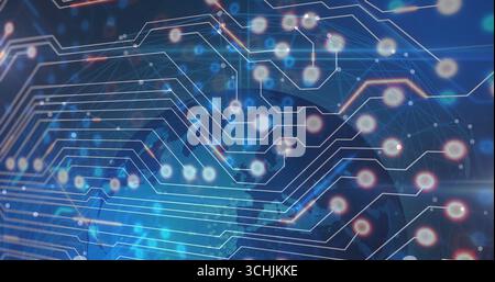 Dactylographiant homme d'affaires en costume sombre travaillant sur ordinateur portable au bureau d'entreprise, avec superposition de circuit incandescent Banque D'Images