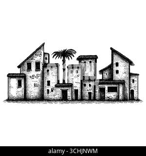 La Terre Sainte : une vue panoramique sur le coucher du soleil de l'ancienne ville biblique de Bethléem ou Nazareth avec l'architecture traditionnelle en pierre, les palmiers Illustration de Vecteur