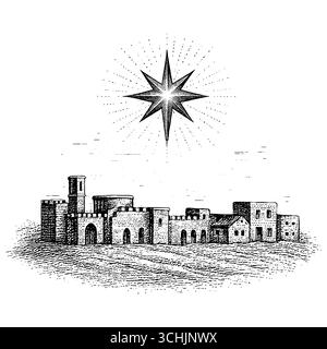 La Terre Sainte : une vue panoramique sur le coucher du soleil de l'ancienne ville biblique de Bethléem ou Nazareth avec l'architecture traditionnelle en pierre, les palmiers Illustration de Vecteur